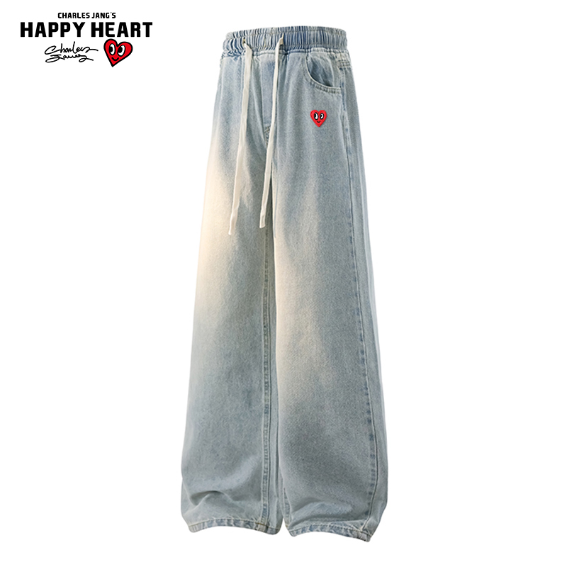 查尔斯桃心加绒牛仔裤男款冬季加厚宽松直筒裤子美式高街阔腿长裤