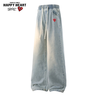 查尔斯桃心牛仔裤男款春秋冬季宽松直筒裤子美式高街加绒阔腿长裤