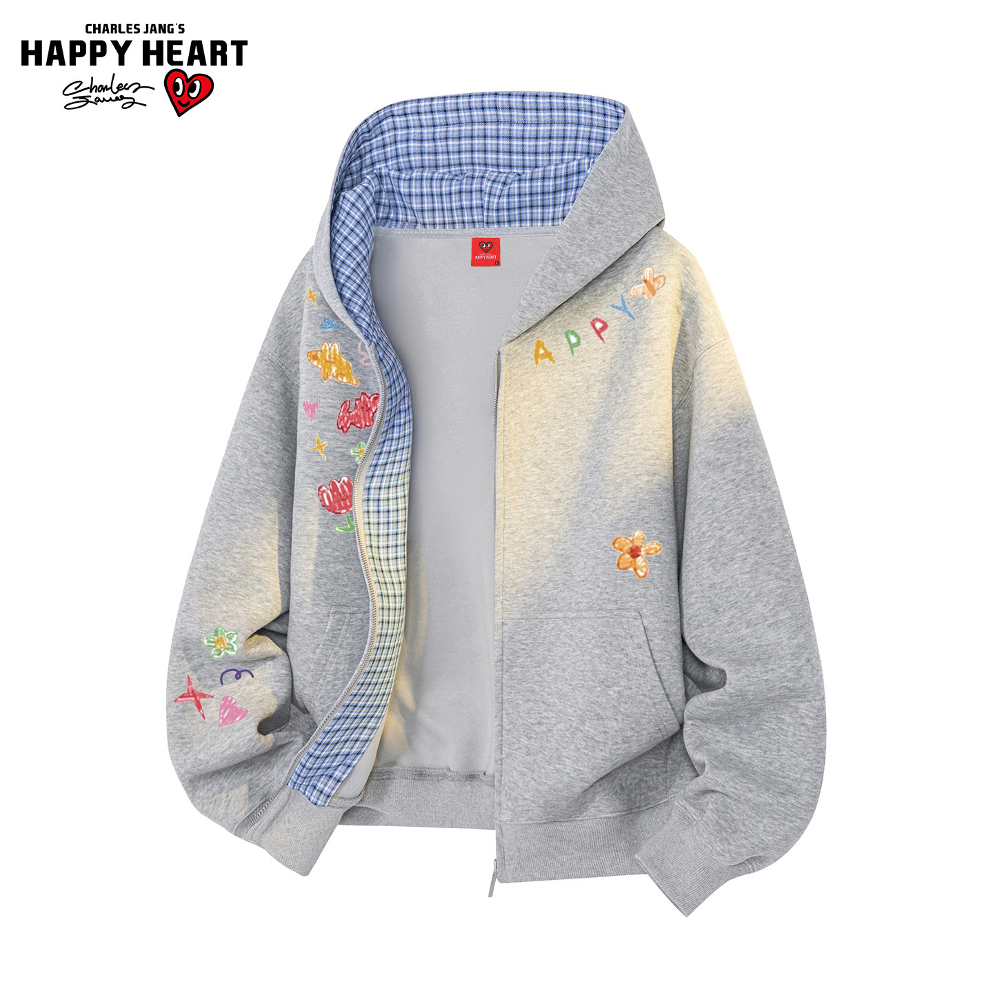 查尔斯桃心复古格纹手绘涂鸦连帽开衫卫衣男女春秋宽松情侣外套