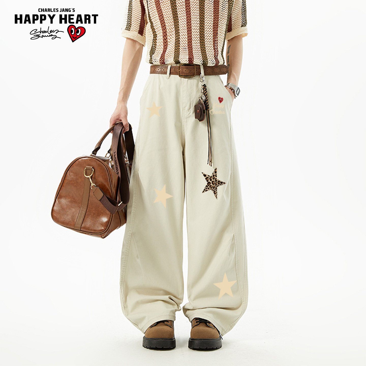 查尔斯桃心美式拼接弯刀裤子男款春秋季宽松直筒阔腿工装休闲长裤