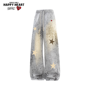 查尔斯桃心星星印花豹纹渐变休闲裤男女春上心百搭宽松直筒长裤子
