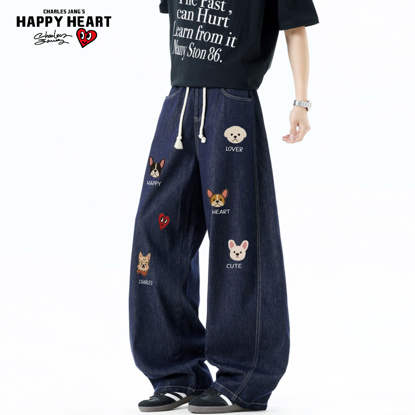 查尔斯桃心卡通印花天丝薄款弯刀牛仔裤男女夏季宽松阔腿复古长裤