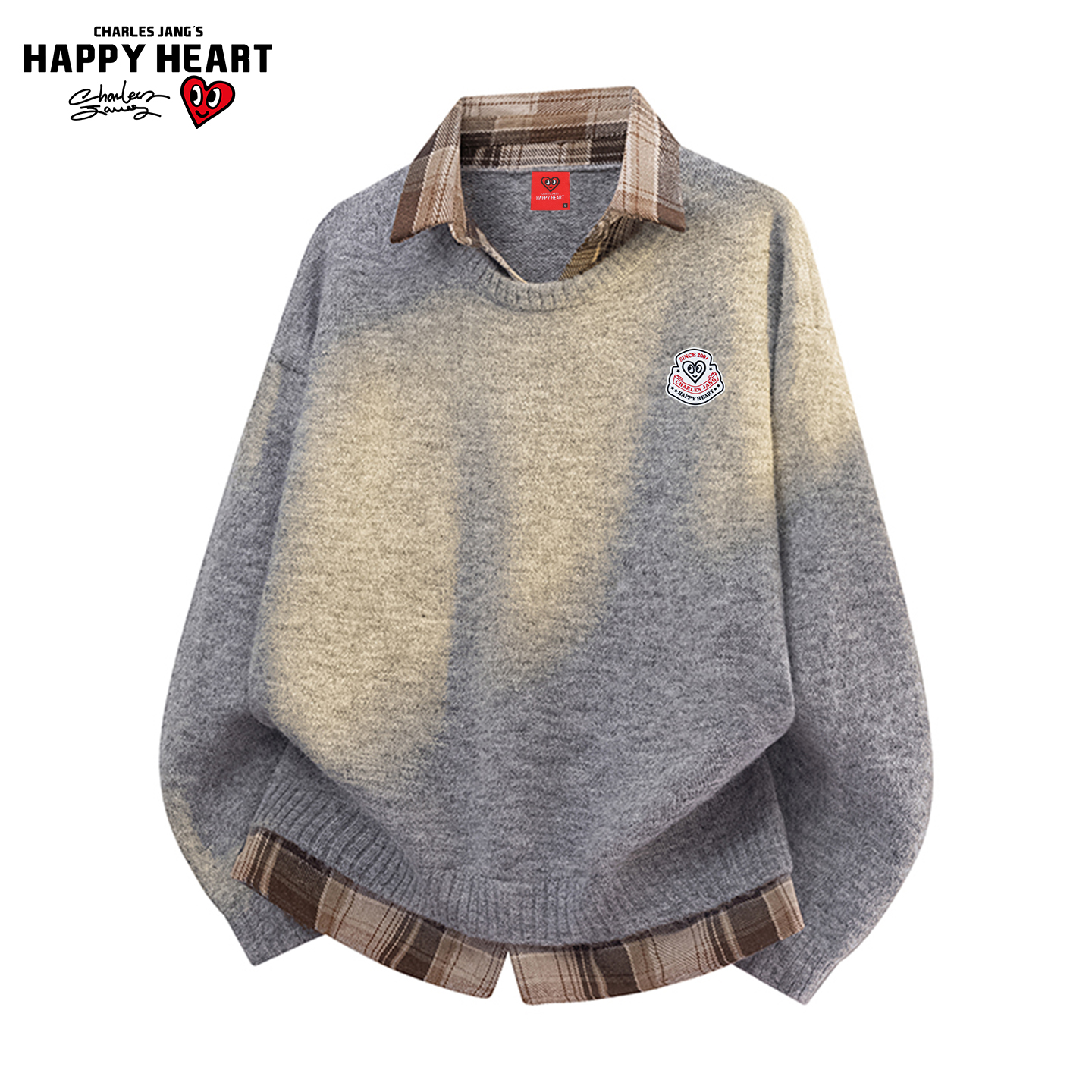 查尔斯桃心格子衬衫领针织衫毛衣