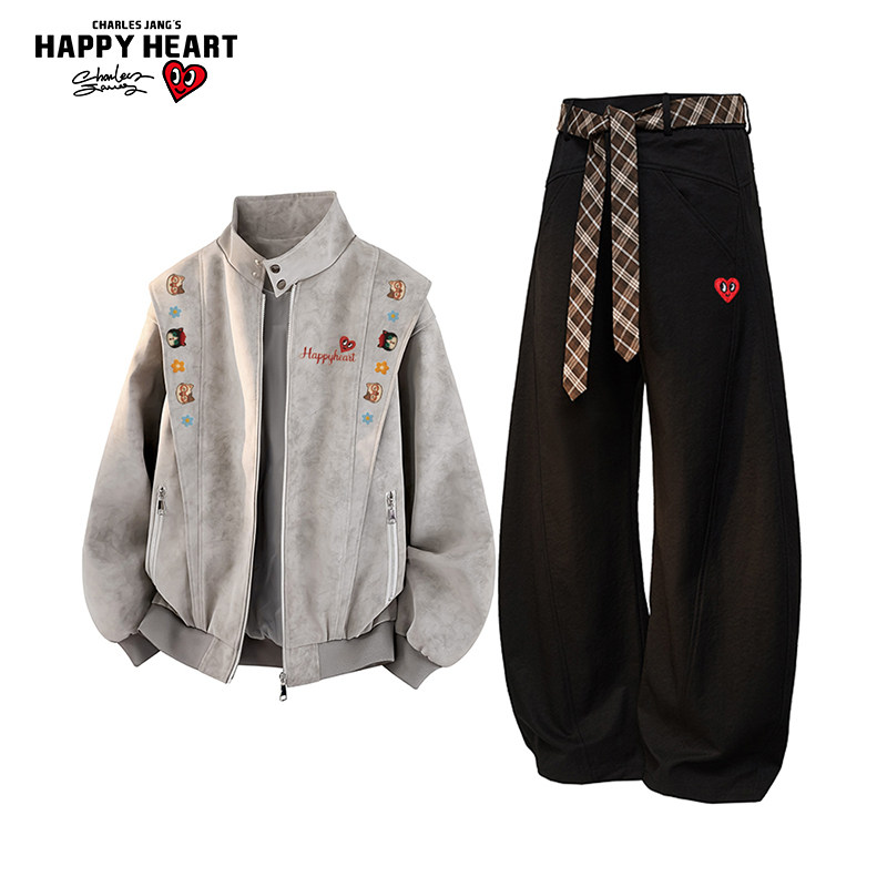 查尔斯桃心休闲套装男女春秋季2026新款立领夹克宽松直筒长裤子潮