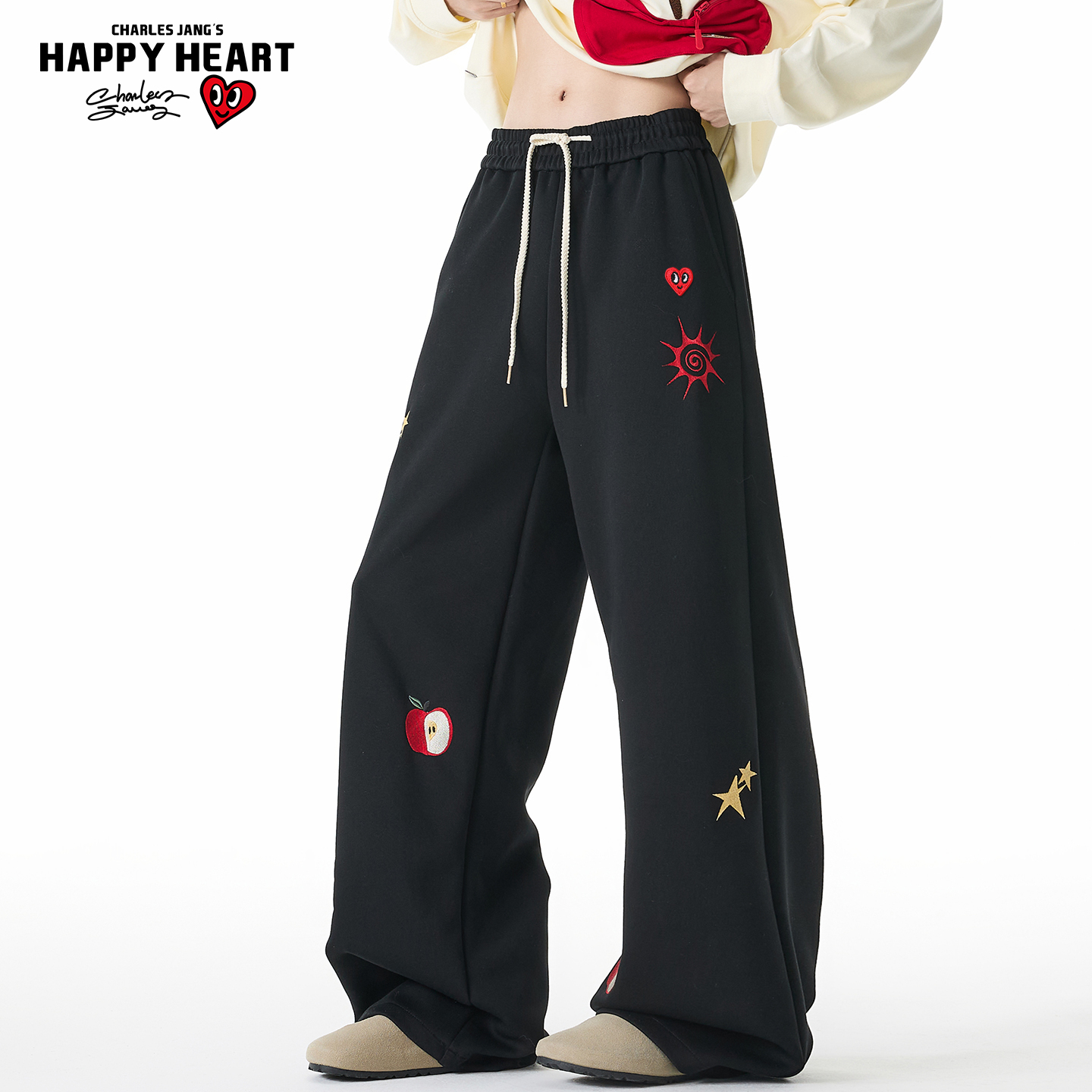 查尔斯桃心美式刺绣重磅垂感卫裤男女秋冬季宽松直筒阔腿休闲长裤