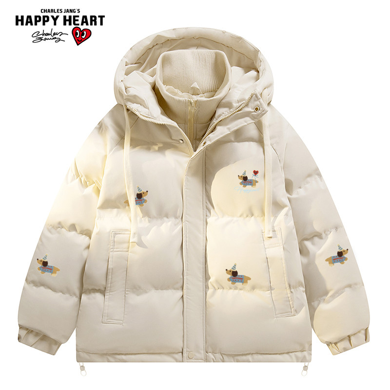 查尔斯桃心假两件腊肠狗印花棉服男冬季连帽加厚纯色保暖情侣衣服