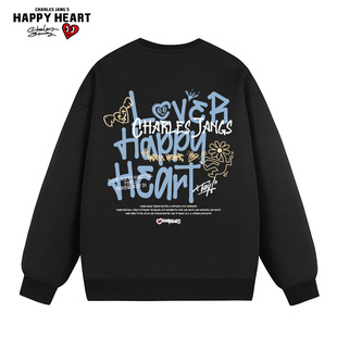 查尔斯桃心 加绒加厚圆领卫衣男款春秋冬季宽松休闲字母印花长袖