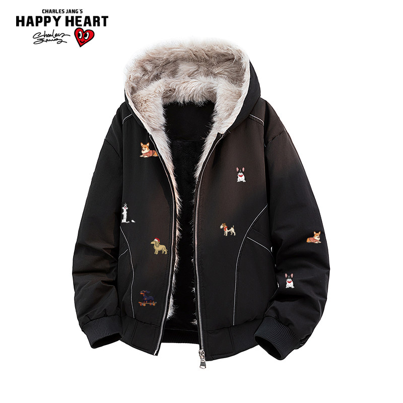 查尔斯桃心小狗印花90羽绒服男女冬季2025新款加厚保暖连帽外套潮