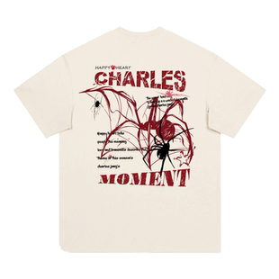 查尔斯桃心 2026年夏季短袖t恤男美式嘻哈纯棉恶搞蜘蛛红龙果涂鸦