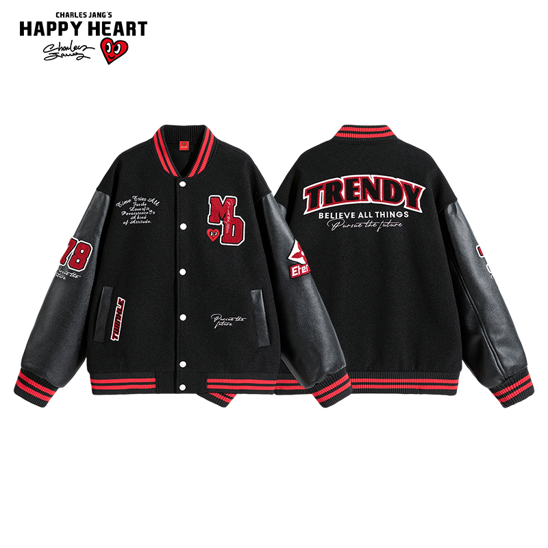 查尔斯桃心 美式字母英文棒球服夹克外套潮流拼接PU潮流立领赛车