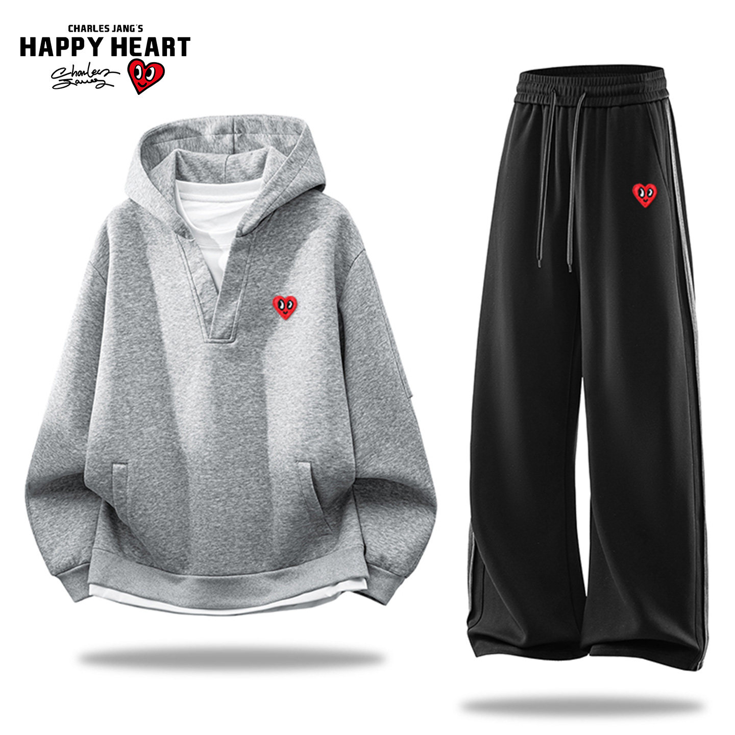 查尔斯桃心美式假两件连帽卫衣套装男潮牌新款直筒休闲裤两件套