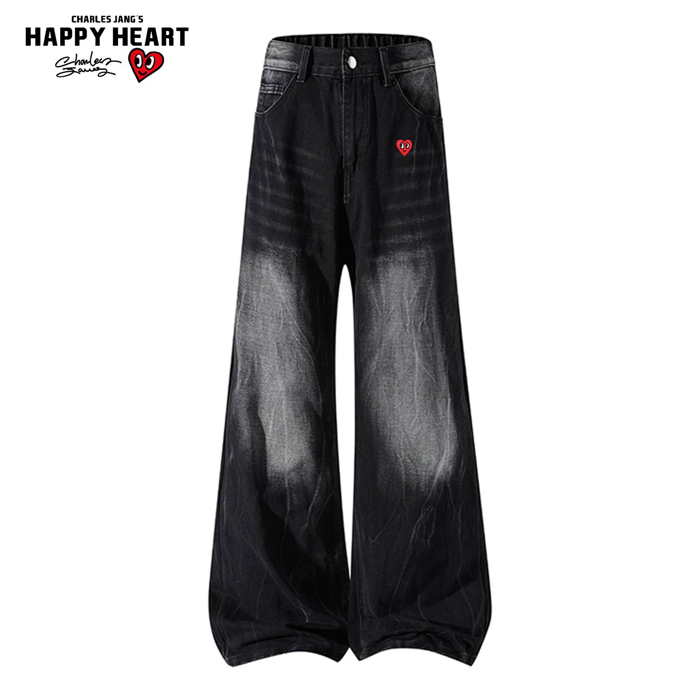 查尔斯桃心美式褶皱闪电纹牛仔裤男春秋季宽松微喇直筒阔腿长裤子