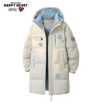 查尔斯桃心 中长款棉服男冬季新款连帽撞色印花加厚保暖情侣外套