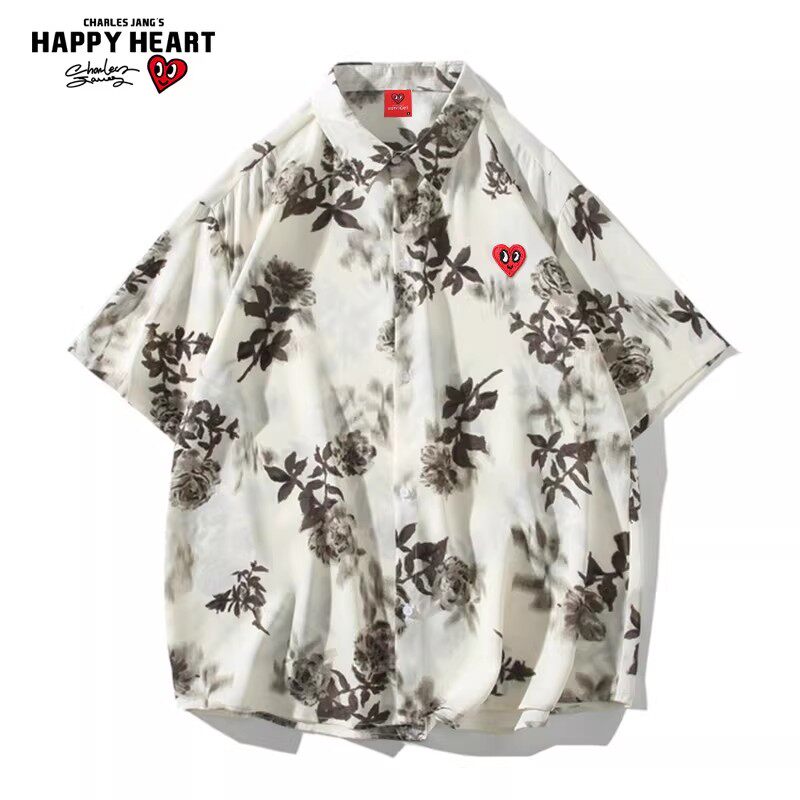 查尔斯桃心短袖衬衫男复古水墨画夏季夏威夷海边沙滩翻领衬衣外套