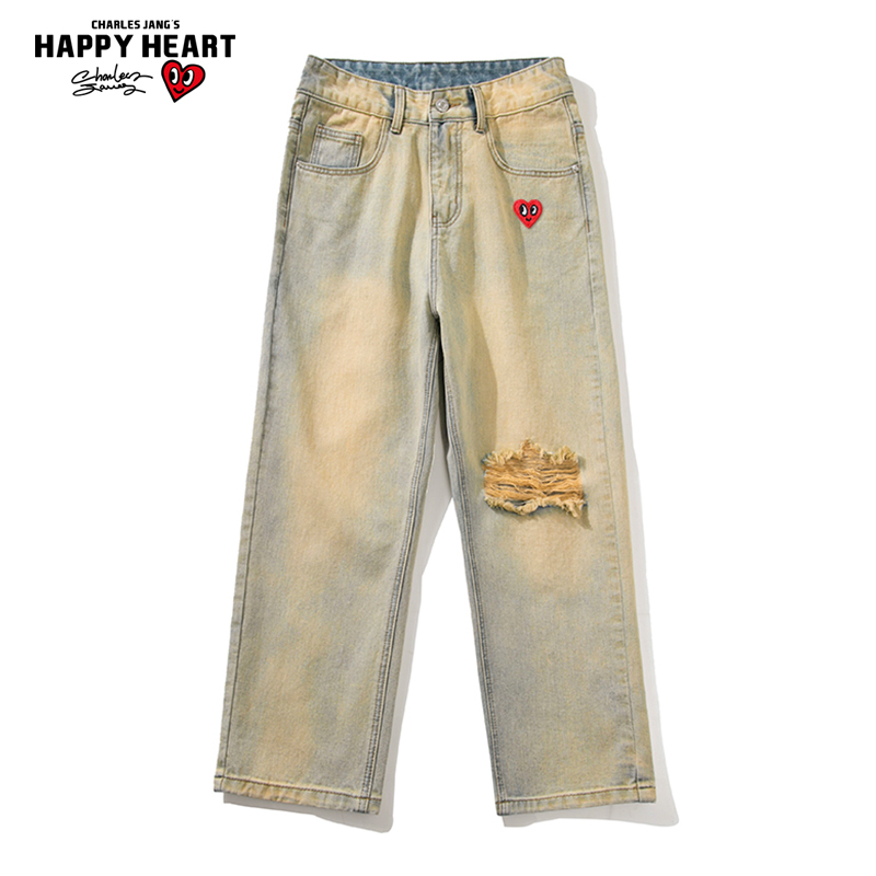 查尔斯桃心 牛仔裤男夏季薄款破洞宽松直筒阔腿水洗黄泥休闲长裤