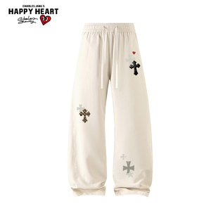 查尔斯桃心十字架印花冰丝休闲长裤子男女夏季2026新款潮牌直筒裤