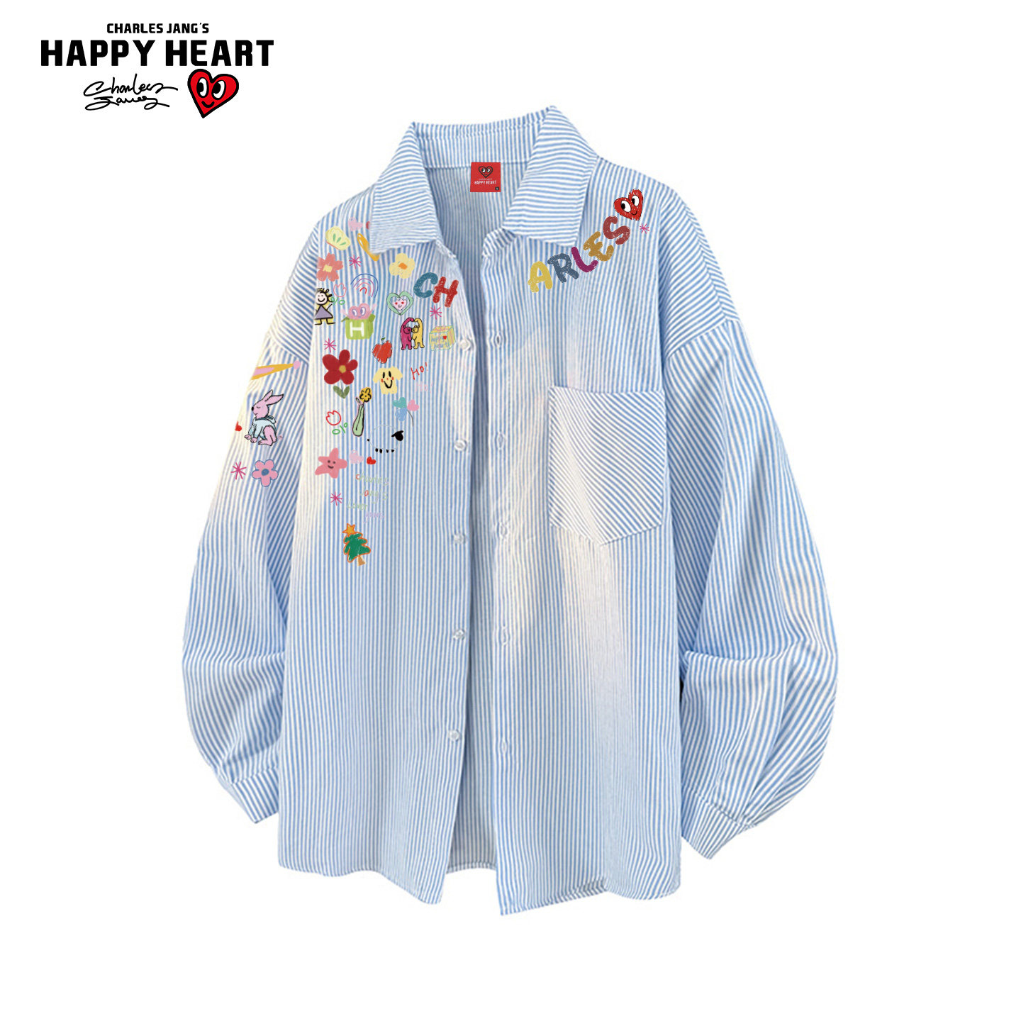 查尔斯桃心美式卡通风条纹衬衫男女春秋宽松百搭长袖情侣衬衣外套