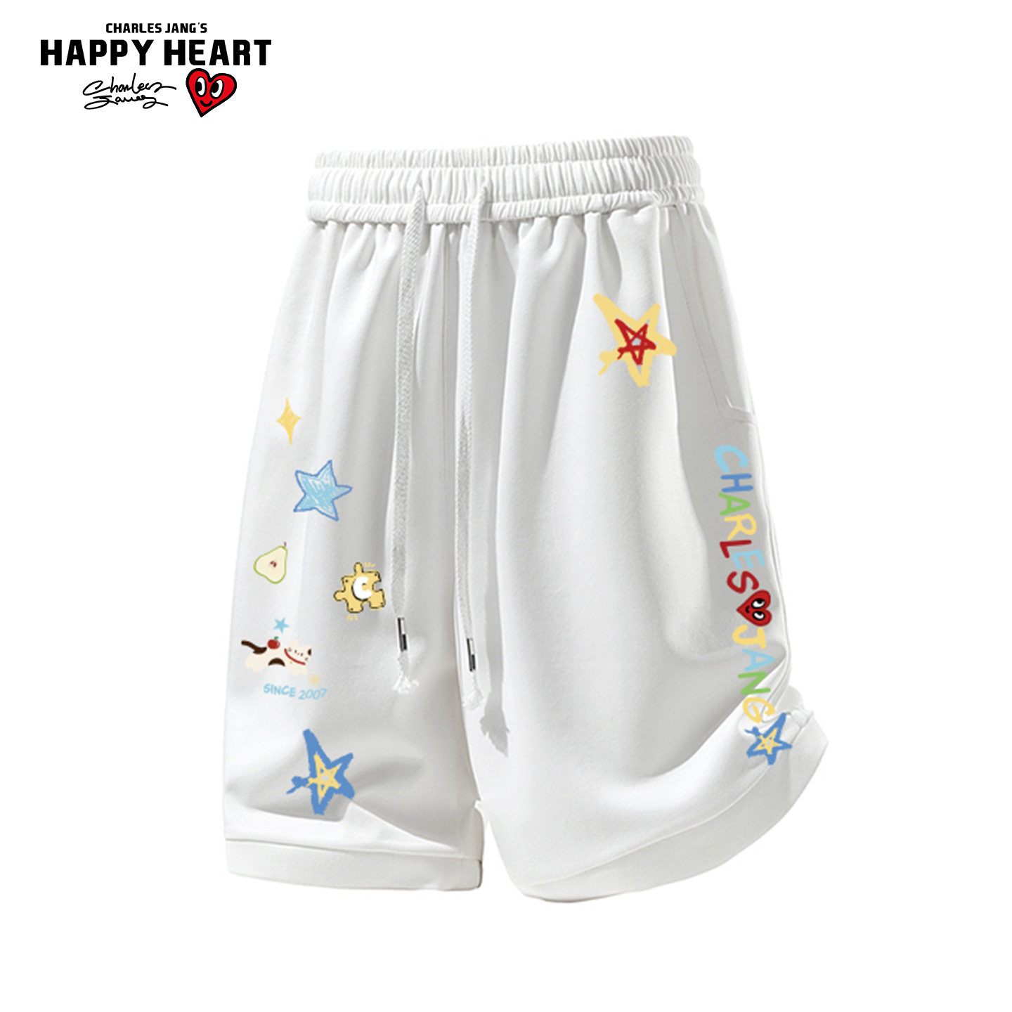 查尔斯桃心美式星星趣味印花休闲短裤男夏季潮牌宽松抽绳五分裤子