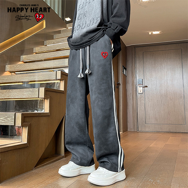 查尔斯桃心 休闲裤男脏脏裤高街水墨条纹拼接直筒宽松潮牌长裤子,男装,休闲裤,淘宝优惠券,粉丝福利购,淘宝优惠卷