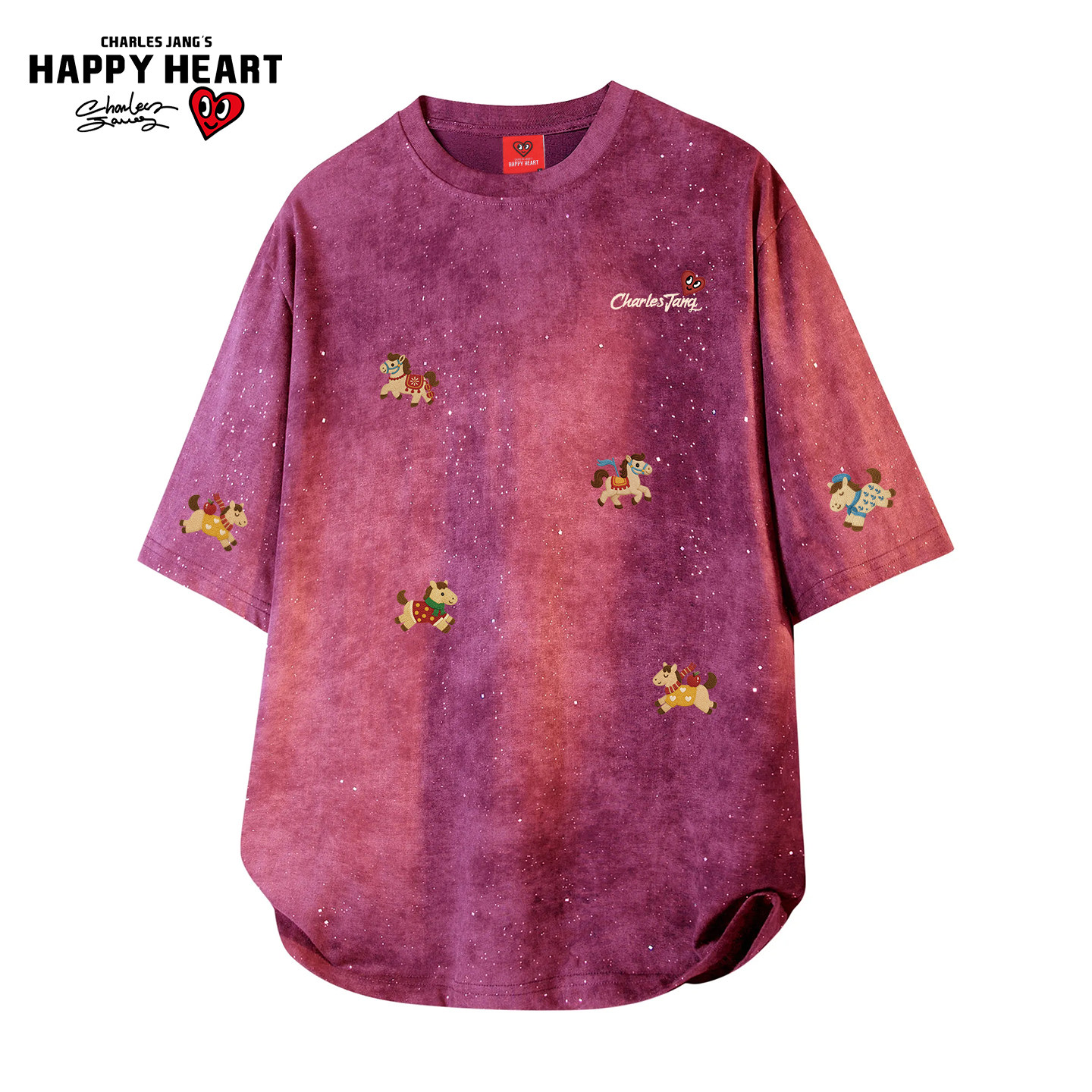 查尔斯桃心红色满天星纯棉扎染短袖T恤男女夏季小马印花重磅半袖