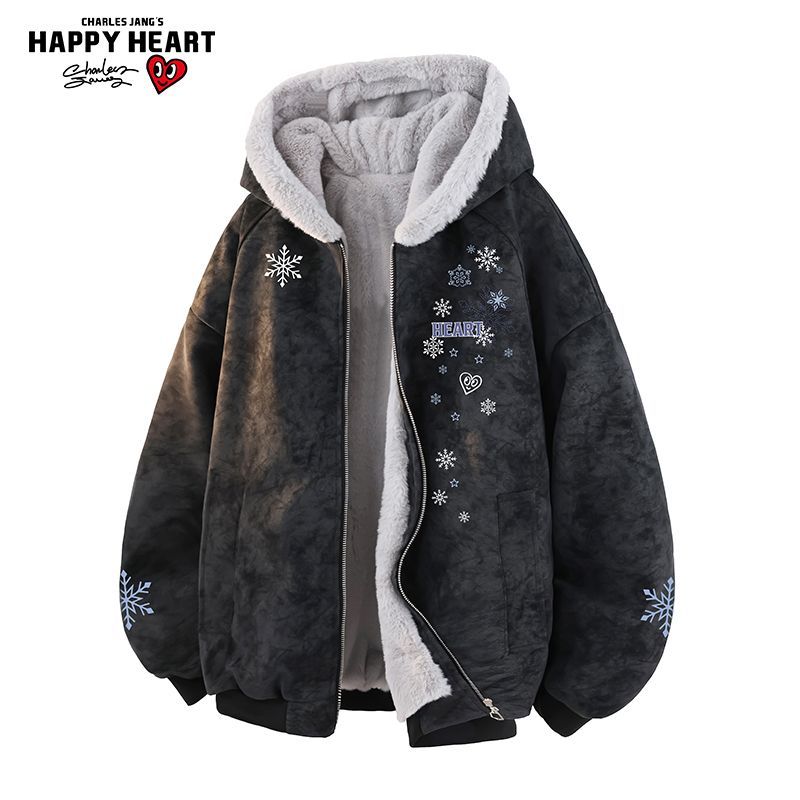 查尔斯桃心座山雕加厚连帽棉服男