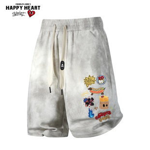 宽松直筒五分中裤 查尔斯桃心美式 新款 男女夏季 子 涂鸦扎染休闲短裤