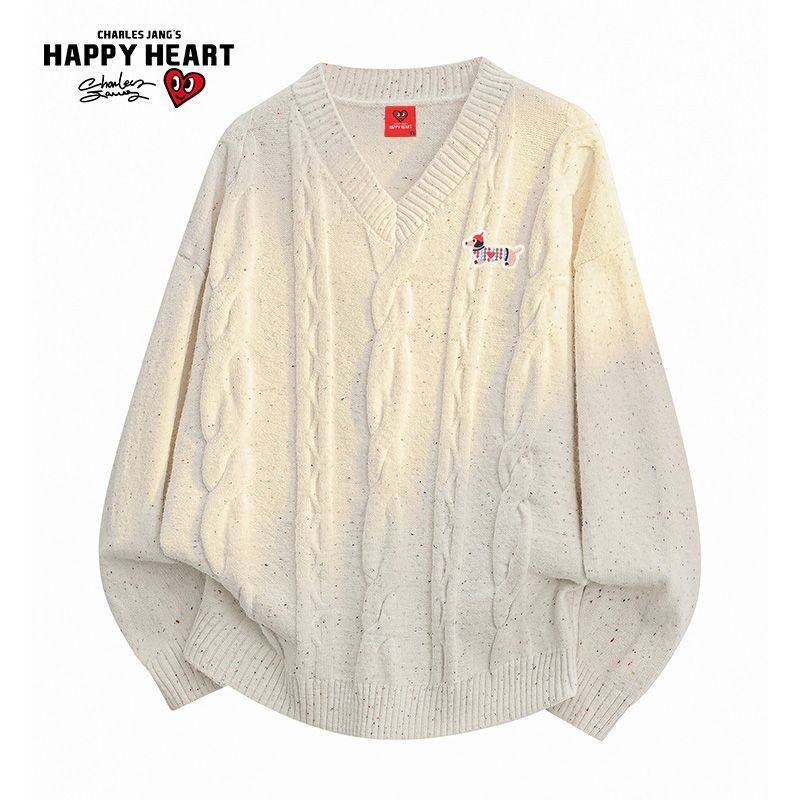 查尔斯桃心春季新款情侣腊肠狗徽章麻花纹理V领针织套头长袖毛衣