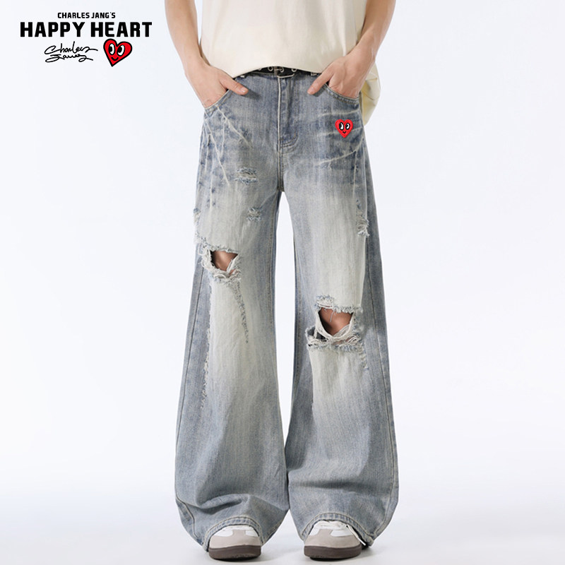 查尔斯桃心 美式破洞微喇牛仔裤男夏季宽松直筒阔腿磨白水洗裤子