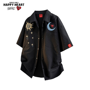 查尔斯桃心 日月印花美式工装短袖衬衫男女夏季防紫外线休闲外套