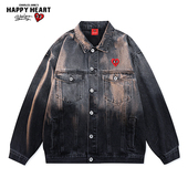 查尔斯桃心美式 休闲夹克 复古做旧水洗渐变牛仔外套男2026春秋新款