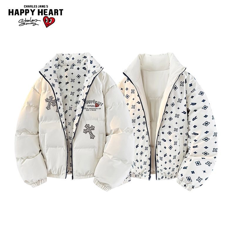 查尔斯桃心豹纹双面穿立领棉衣男