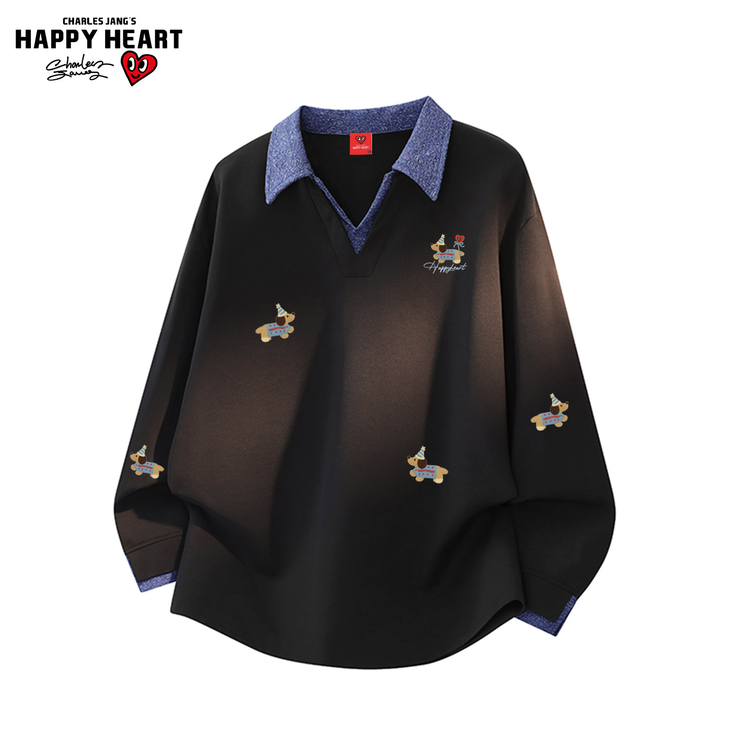 查尔斯桃心美式腊肠狗翻领假两件长袖卫衣男女秋冬季加绒加厚上衣