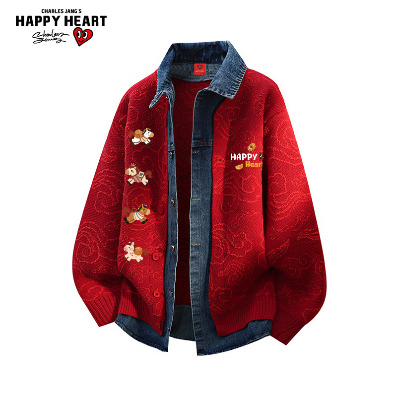 查尔斯桃心马年2026新款拼接针织衫红色毛衣男女冬季保暖慵懒外套,男装,针织衫/毛衣,淘宝优惠券,粉丝福利购,淘宝优惠卷