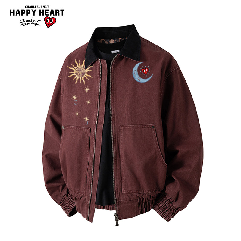 查尔斯桃心太阳月亮印花工装夹克男女春秋季新款宽松休闲外套上衣