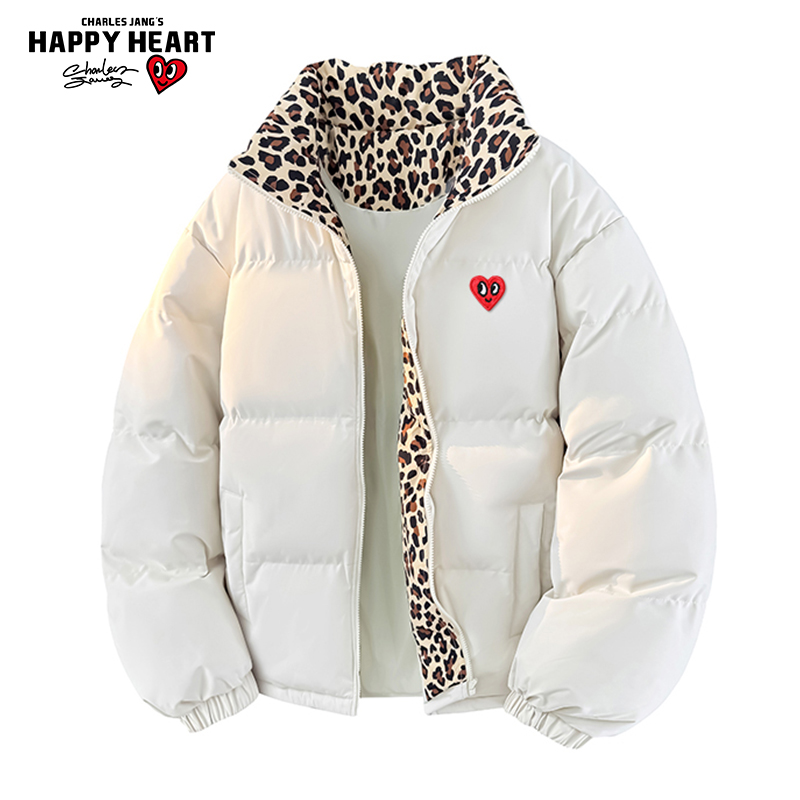 查尔斯桃心拼色豹纹印花面包棉服