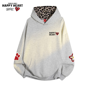 查尔斯桃心新款豹纹连帽卫衣男秋冬季字母印花宽松百搭情侣上衣