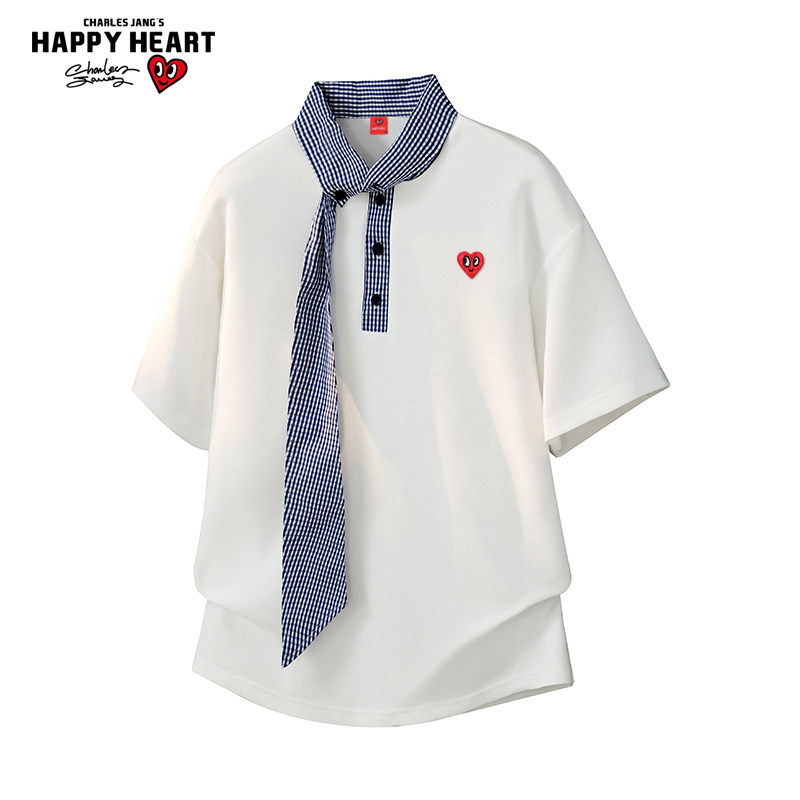 查尔斯桃心格子领口拼接短袖T恤男夏季新款宽松潮牌上衣休闲体恤,男装,T恤,淘宝优惠券,粉丝福利购,淘宝优惠卷