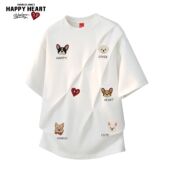 查尔斯桃心 上衣 T恤男女宽松半袖 美式 涂鸦褶皱重磅透气圆领短袖