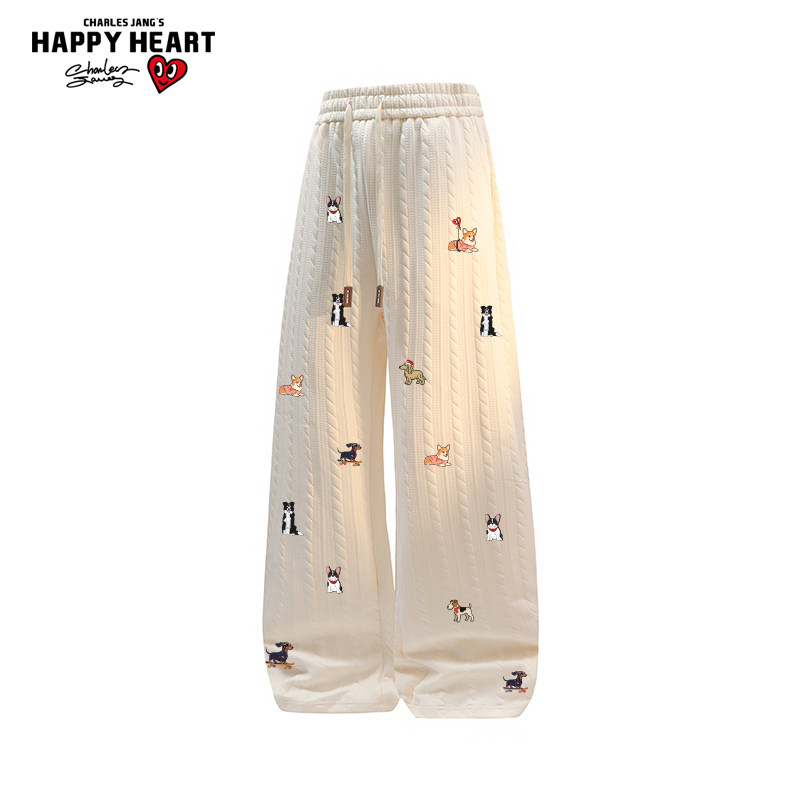 查尔斯桃心美式抽绳小狗印花休闲直筒裤男女2025新款宽松阔腿裤子