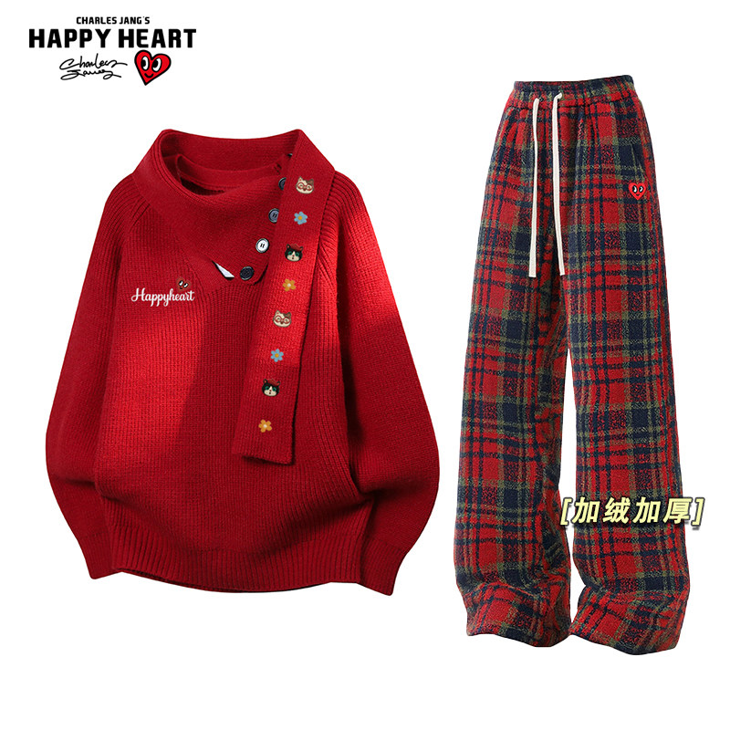 查尔斯桃心休闲套装男女冬季新款保暖围脖红色毛衣加绒加厚长裤子,男装,休闲运动套装,淘宝优惠券,粉丝福利购,淘宝优惠卷