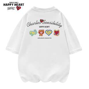 新款 t恤男四时花镜爱心印花纯棉重磅夏季 圆领体恤 短袖 查尔斯桃心