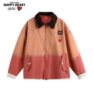查尔斯桃心春秋牛仔夹克宽松翻领巴恩风渐变高级感情侣灯芯绒外套