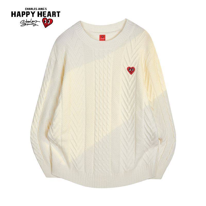 查尔斯桃心冬季新款情侣爱心刺绣百搭麻花纹理针织套头圆领毛衣男