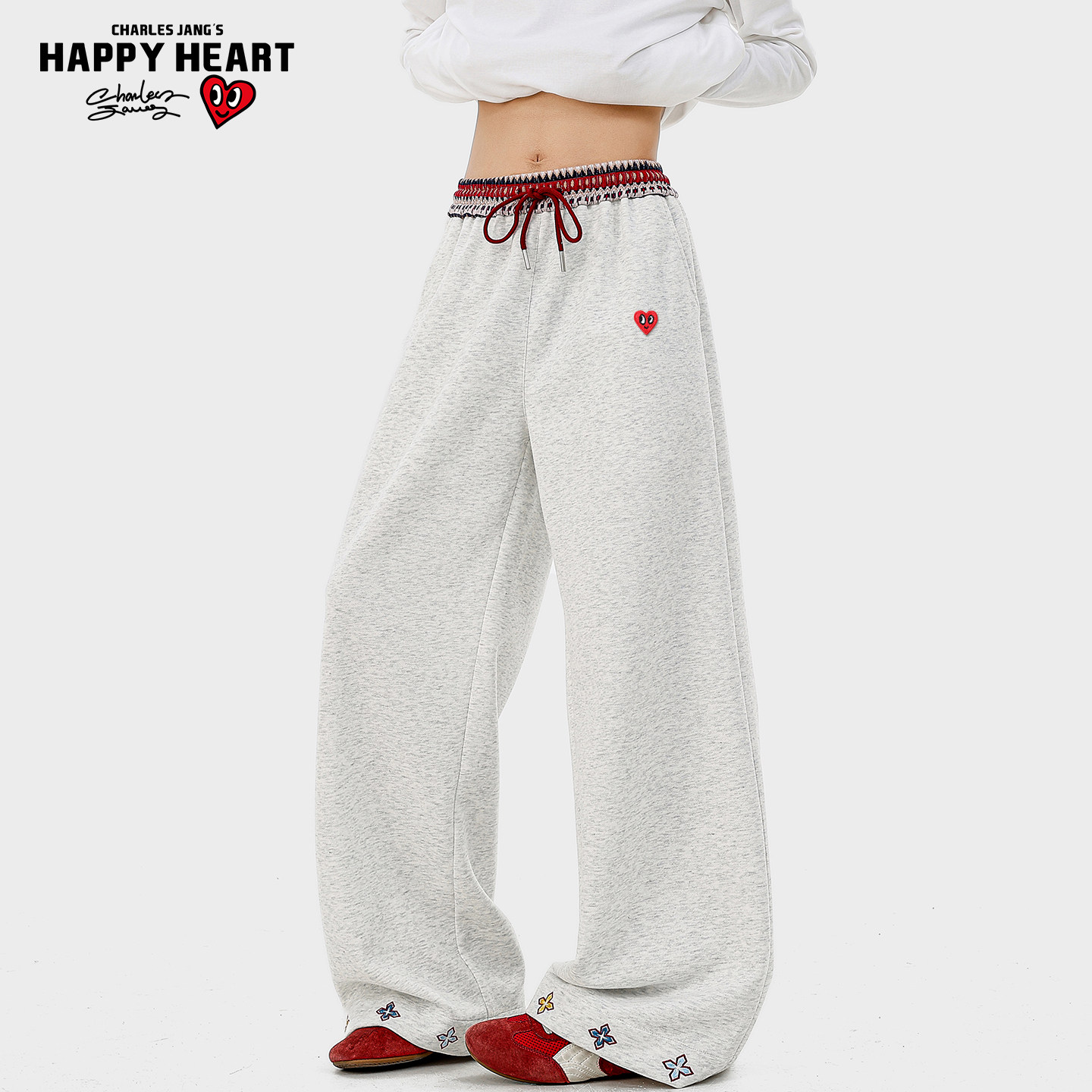 查尔斯桃心美式民族风刺绣卫裤男女春秋季复古运动宽松休闲长裤子