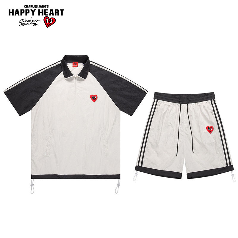 查尔斯桃心 立领短袖t恤男情侣坎肩拼接五分短裤运动套装上衣一套