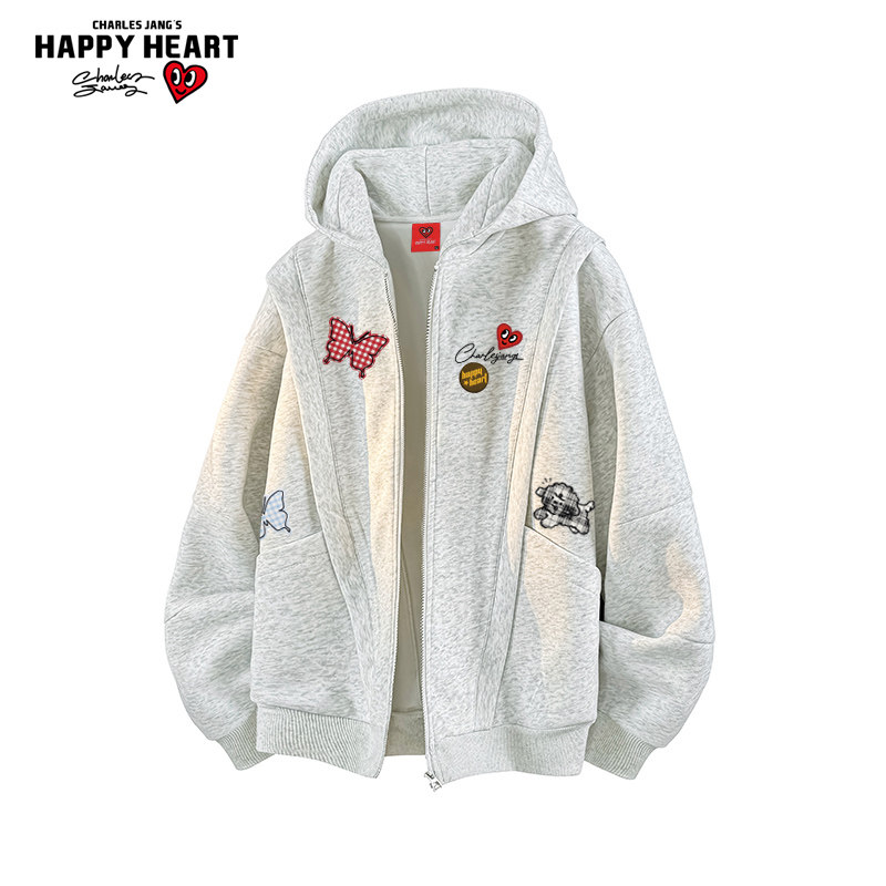 查尔斯桃心 美式蝴蝶印花开衫连帽卫衣男春秋季宽松休闲情侣外套