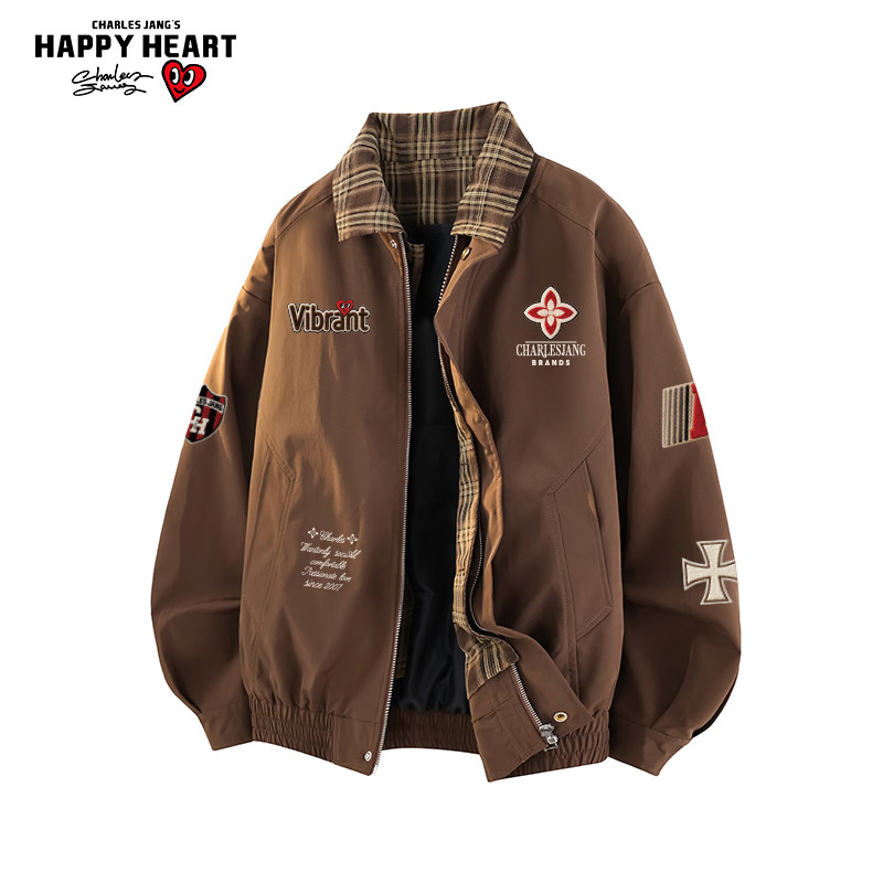 查尔斯桃心美式徽章印花翻领拼接外套男女春秋季新款潮流工装夹克