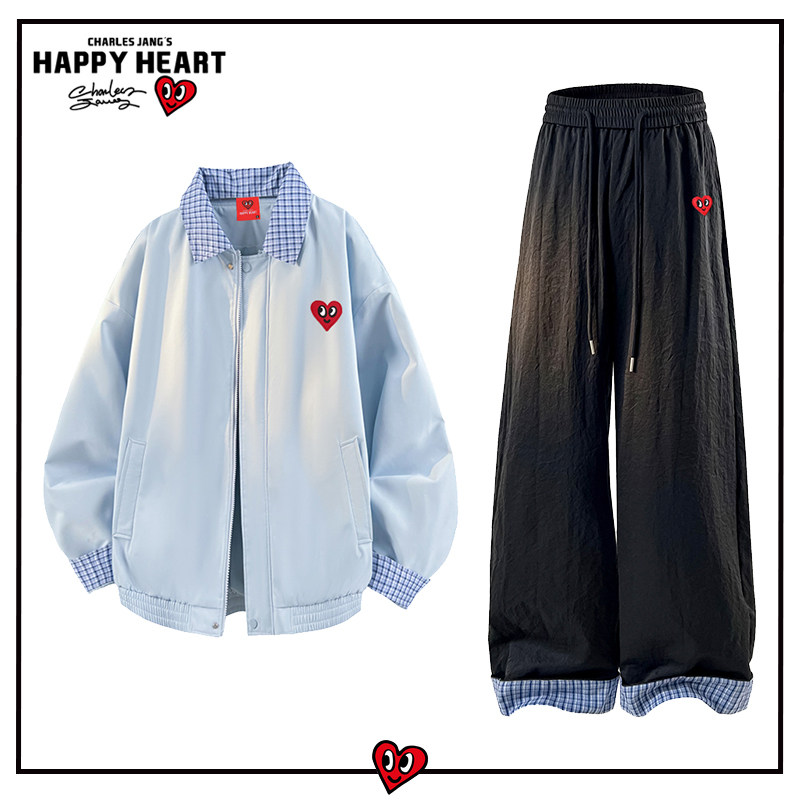 查尔斯桃心格子翻领夹克休闲套装男宽松百搭外套情侣直筒裤两件装