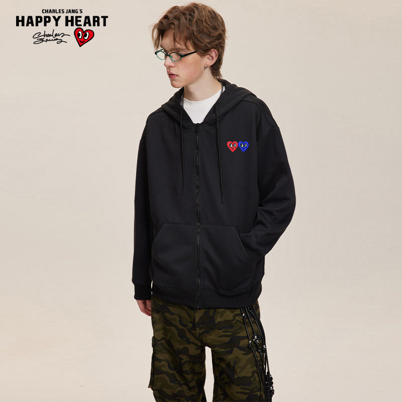 查尔斯桃心 开衫卫衣男春秋季拉链潮牌新款宽松百搭情侣连帽外套