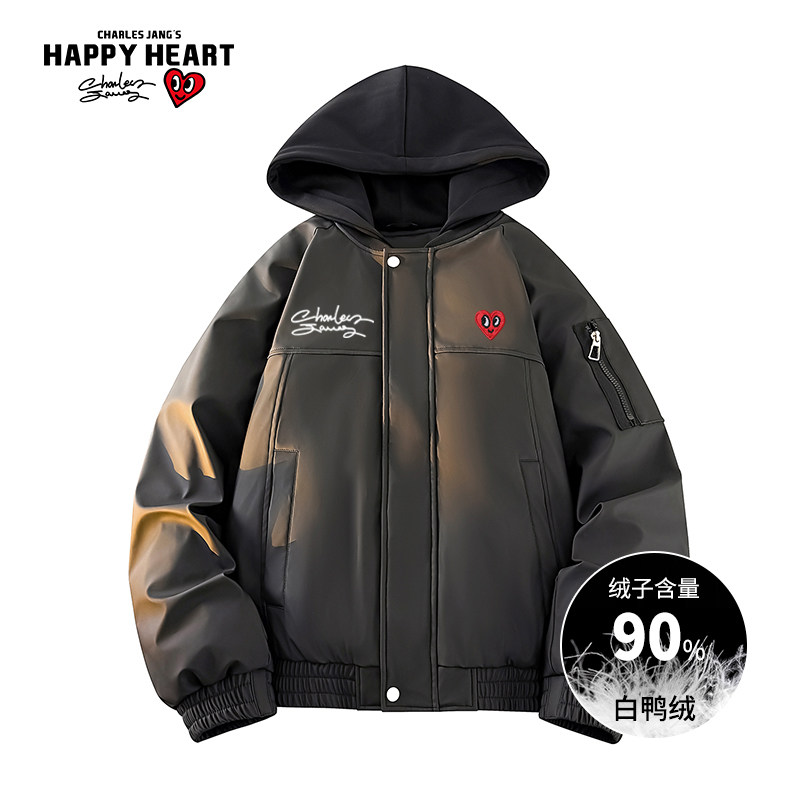 查尔斯桃心90白鸭绒PU皮羽绒服男